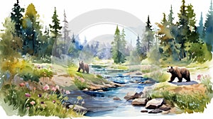 Watercolor Landscape Of Grizzly Bears By River