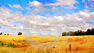 Watercolor landscape of a hayfield in summer under a cloudy sky