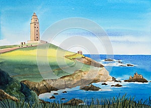 Watercolor Landscape Illustration. Spain, The Tower of Hercules.