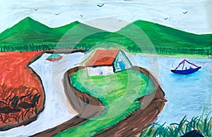 Watercolor landscape of Indian coastal scene