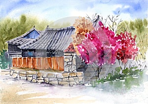 Watercolor landscape with japanese traditional house