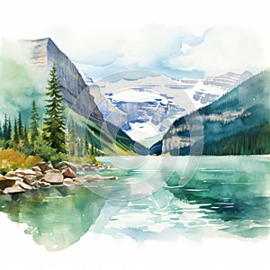 Watercolor Landscape: Lake Louise In Turquoise And Maroon