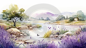 Watercolor Landscape With Lavender Flowers And River - Serene And Delicate Artwork