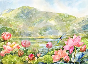 Watercolor landscape with lotuses, mountains and lake. Sunny day, beautiful summer illustration photo