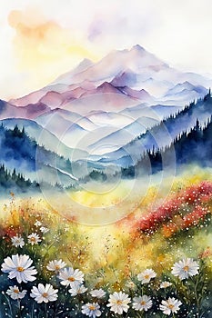 Watercolor landscape. Majestic blue mountains in fog, meadows in sunset