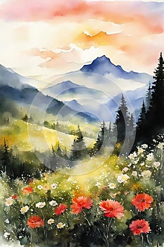 Watercolor landscape. Majestic blue mountains, forest, meadows in sunset