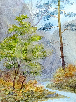 Watercolor landscape. Mountain brook in autumn forest