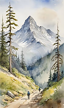 Watercolor landscape of mountain explorers on serene trail. Otdoor and environmental awareness campaigns concept. AI photo