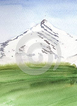 Watercolor  landscape with mountain and green meadow, minimalistic style