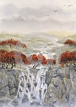 Watercolor landscape. Mountain stream