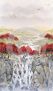 Watercolor landscape. Mountain stream flows through the autumn f