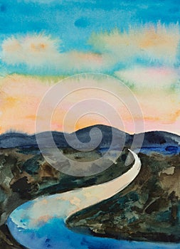 Watercolor landscape with mountains on the horizon, sunset blue and orange sky and winding river