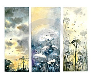 Watercolor landscape with nature. Beautiful postcard.