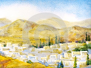 Watercolor landscape. Old city in a valley between the mountains