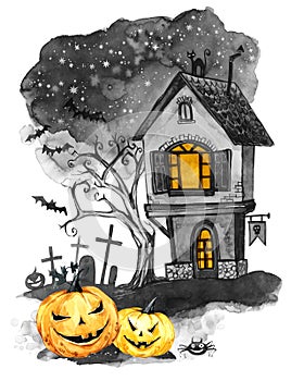 Watercolor landscape. Old house, cemetery and holidays pumpkins. Halloween holiday illustration. Magic, symbol of horror