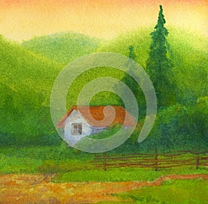 Watercolor landscape. Old house under hills at sunset