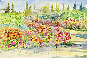 Watercolor landscape original painting colorful of flower garden