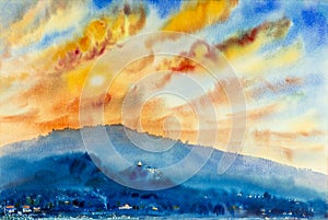 Watercolor landscape original painting colorful of mountain