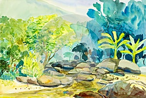 Watercolor landscape original painting colorful of mountain and river