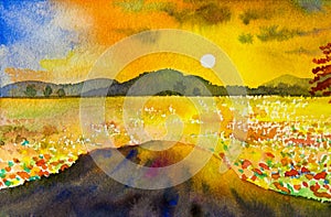 Watercolor landscape original painting colorful of mountain sunset