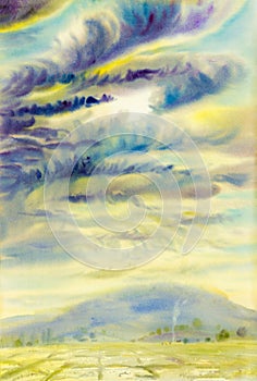 Watercolor landscape original painting colorful of rain cloud