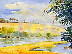 Watercolor landscape original painting colorful of river and mountain.