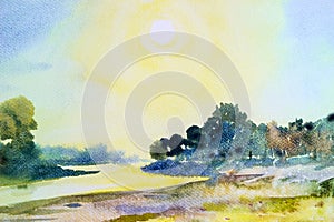 Watercolor landscape original painting colorful of sun in morning.