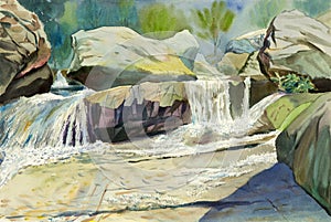 Watercolor landscape original painting colorful of waterfall