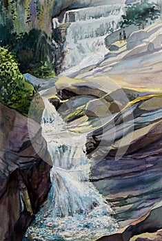 Watercolor landscape original painting colorful of waterfall.