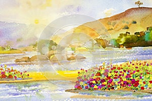 Watercolor landscape painting colorful of flowers sun river.