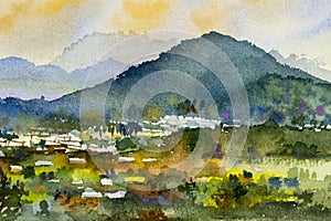 Watercolor landscape painting colorful of village, mountain and meadow photo