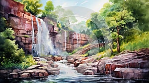 Watercolor Landscape Painting Of Forest Waterfall: Traditional Style Art