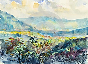 Watercolor landscape painting of mountain range with forest