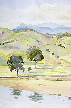 Watercolor landscape painting of natural beauty mountain tree cornfield