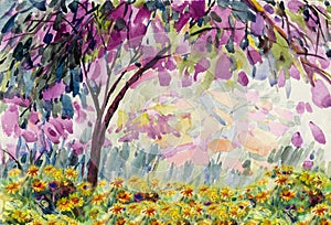 Watercolor landscape painting panorama colorful of field of daisies natural beauty flowers