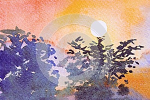 Watercolor landscape painting of sunset above the tree.