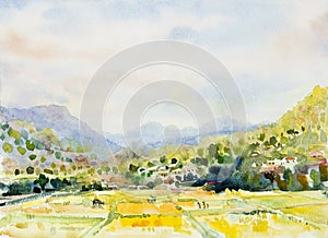 Watercolor landscape painting of Village mountain and rice field farm