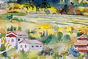 Watercolor landscape painting  of Village and rice field in farm