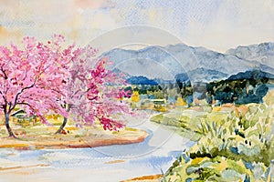 Watercolor landscape painting wild himalayan cherry riverside