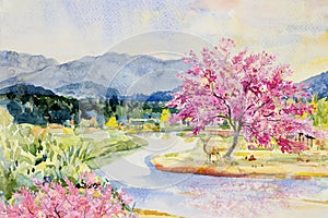 Watercolor landscape painting wild himalayan cherry riverside