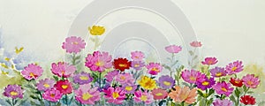 Watercolor landscape paintings colorful of field of pink daisies garden