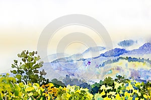 Watercolor landscape paintings colorful mountain range and sky cloud in abstract background