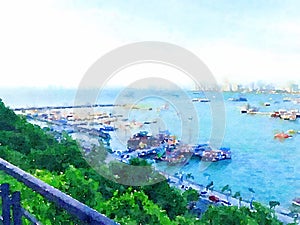 Watercolor of landscape in pattaya at Chonburi Thailand