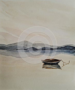 watercolor landscape.peach sunset, cloudy sky,lake with wooden boat,reflection