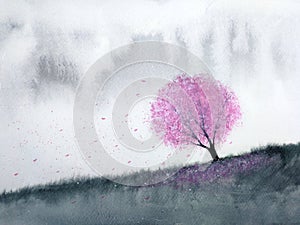 Watercolor landscape pink trees cherry blossom or sakura leaf falling to the wind in mountain hill with meadow field. traditional