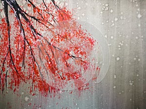 watercolor landscape red tree stand alone and leaf falling to the wind in season. traditional oriental ink asia art style