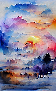 Watercolor landscape - rising sun