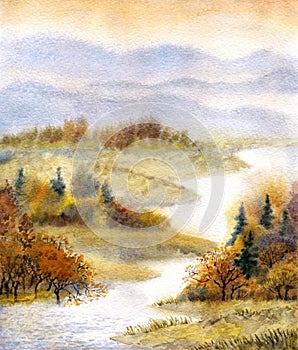 Watercolor landscape. River in the autumn forest