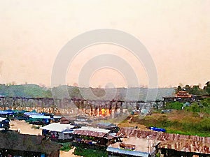 Watercolor of landscape in Sangklaburi at Kanchanaburi , Thailand