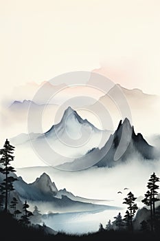 A watercolor landscape of serene mountains. Chinese style classical traditional ink painting